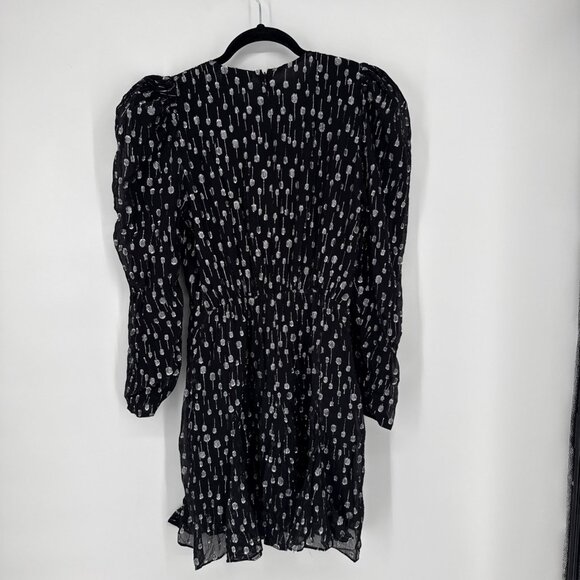 The Kooples Size Small Black Silver Metallic Polka Dot Mini Dress Puff Sleeve - Picture 9 of 10